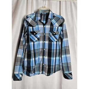 CJ Black Medium Slim Fit Mens Western Shirt Blue Black‎ Gray Plaid Long Sleeve